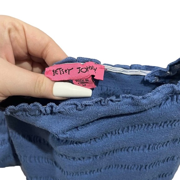 Betsey Johnson Square Neck Cotton Smocked Eyelet Embroidered Midi Dress Blue - M - Picture 4 of 8